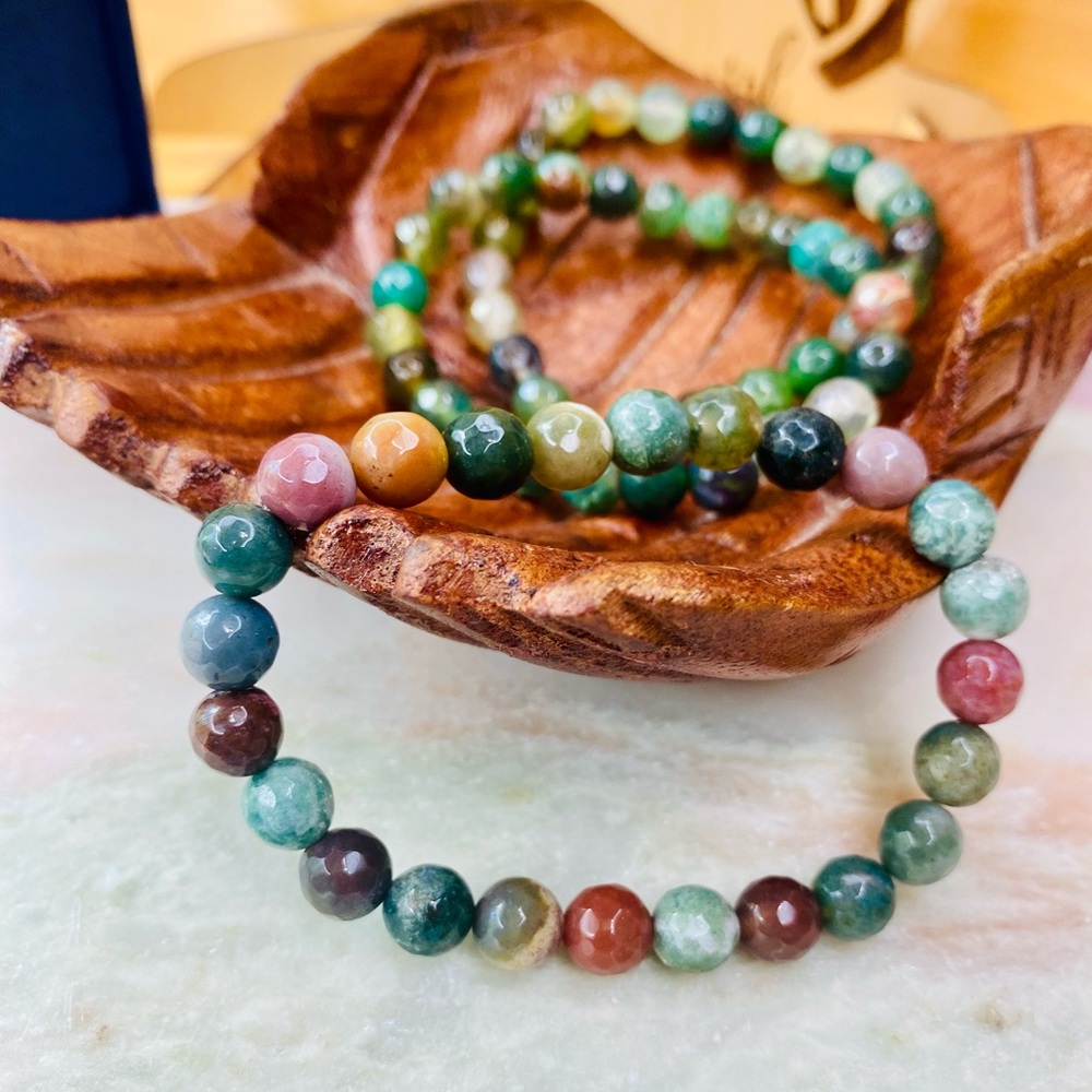 Handmade Faceted Natural Indian Agate Wisdom Stone Unisex Stretch Bracelet